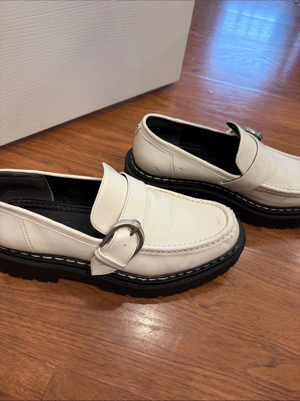 White Leather Buckle Loafers for women by circus